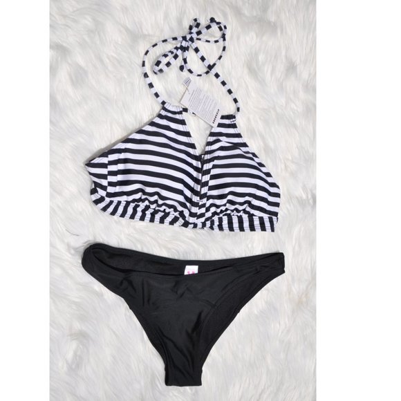 Bikini Sets with Push Up Swimsuit Striped Print High Waist Size Medium - Picture 1 of 4